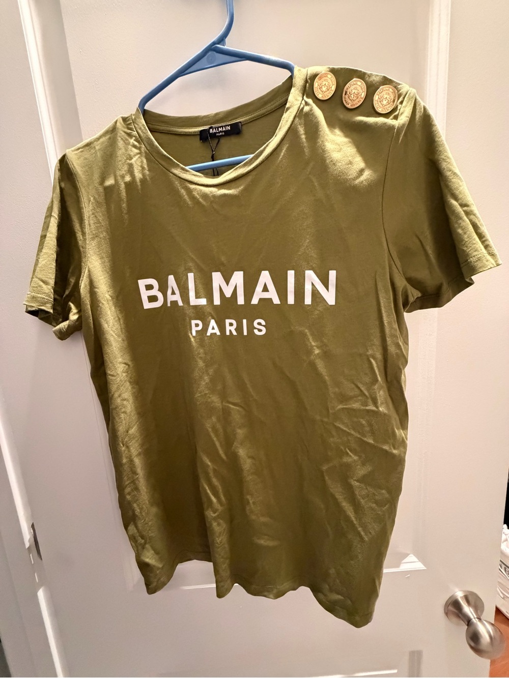 Balmain Olive Green Short Sleeve Logo Tee with Gold Shoulder Buttons